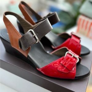 Anyi Lu “Couture Comfort” color block patent leather open toe  Wedges
